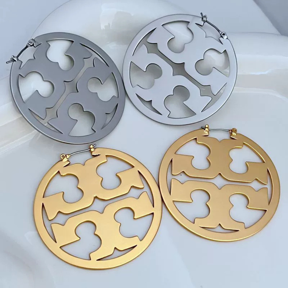 Tory Burch Large Hollow Geometric Circle Initial Metal Earrings